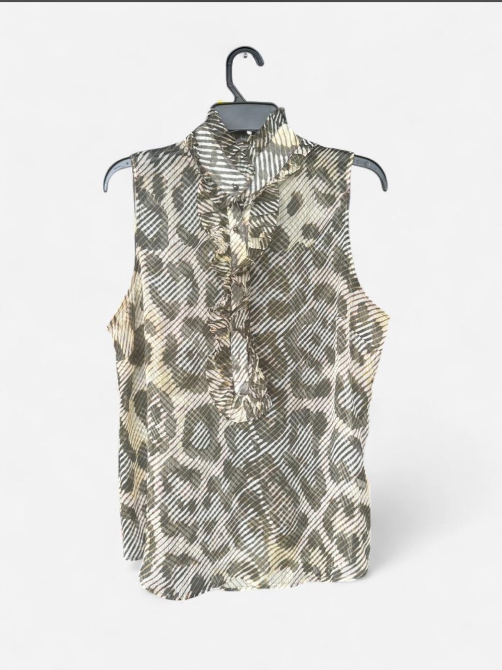 New York & Company Olive Multi Ruffled Mock Neck Sleeveless Top